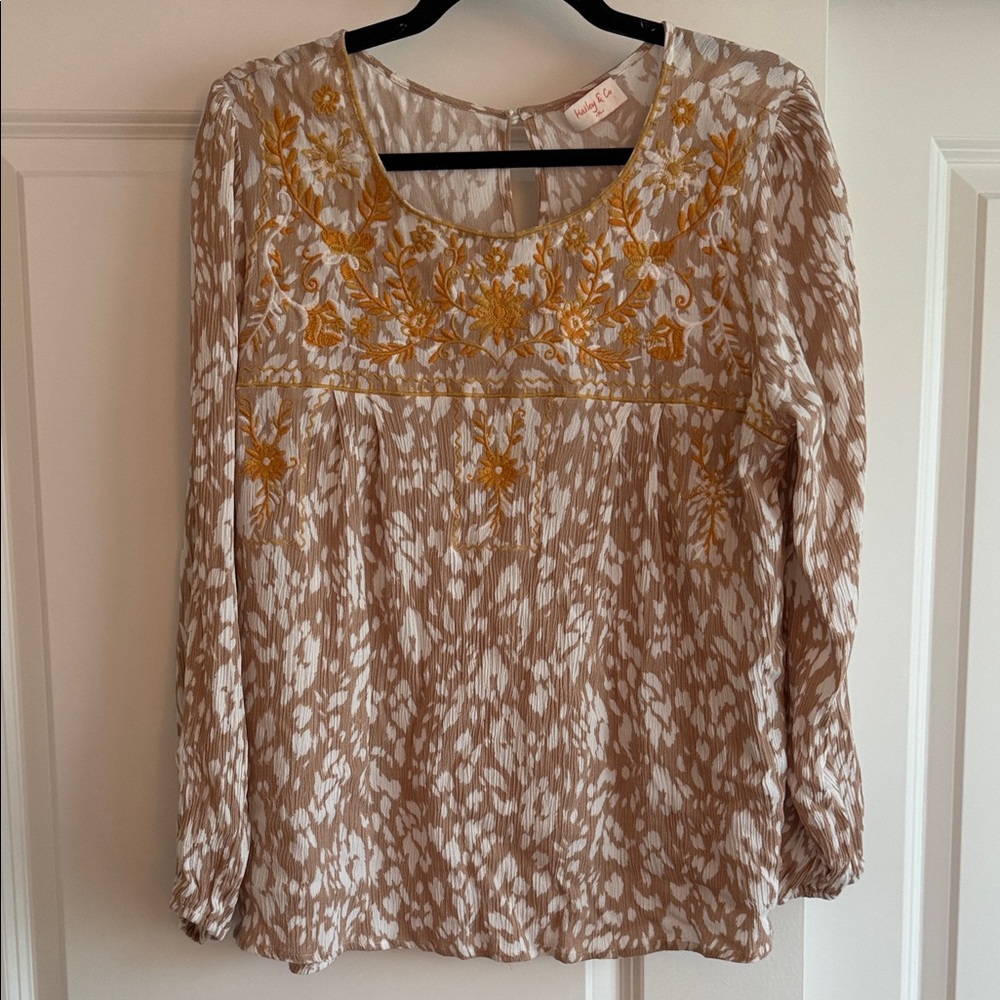 Chic Beige and Yellow Embroidered Women's Blouse